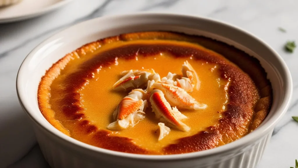 Elegant Crab Brulee Served in a Ramekin with a Golden Crispy Topping