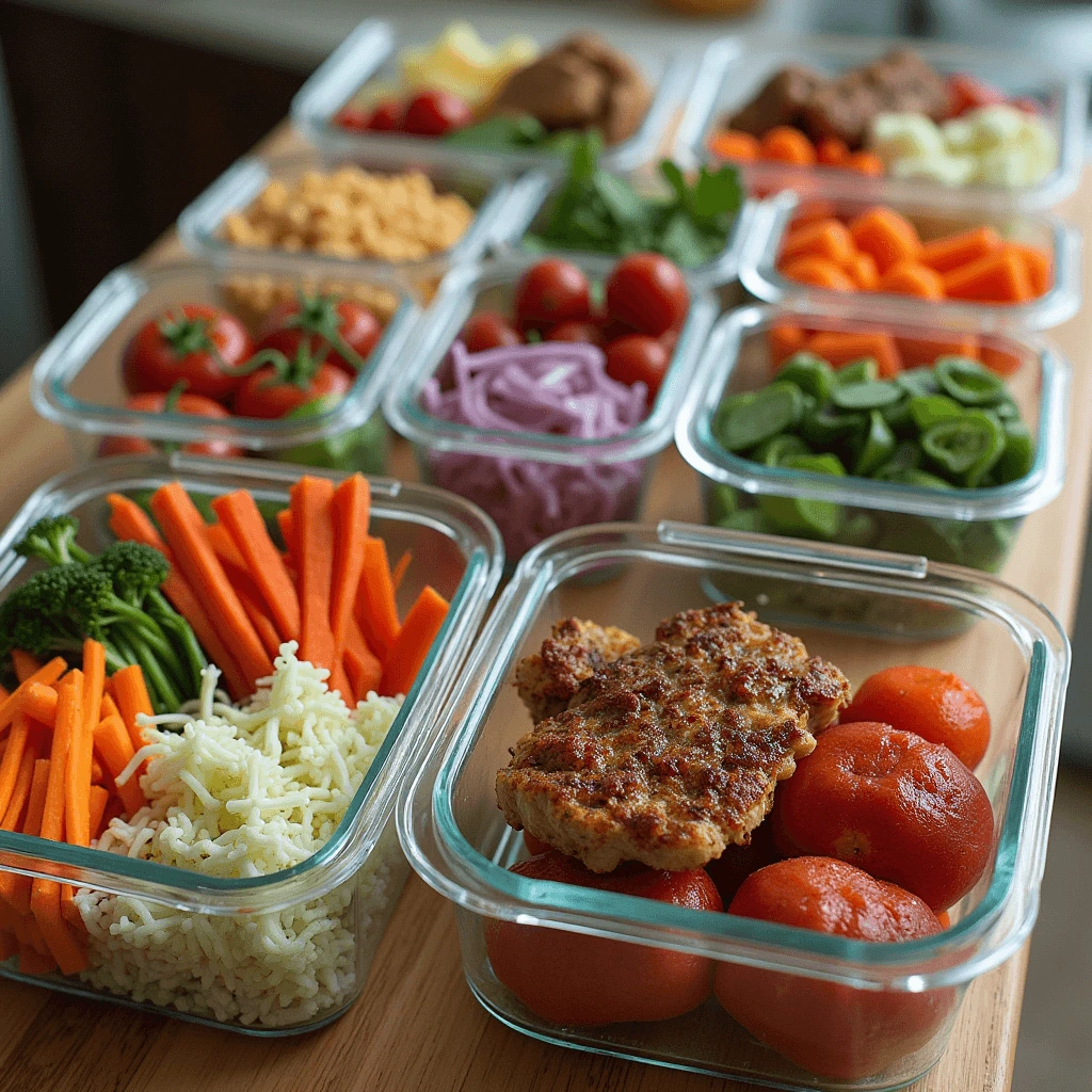 A variety of easy meal prep lunch bag ideas for work, including salads, wraps, and bento boxes in reusable containers