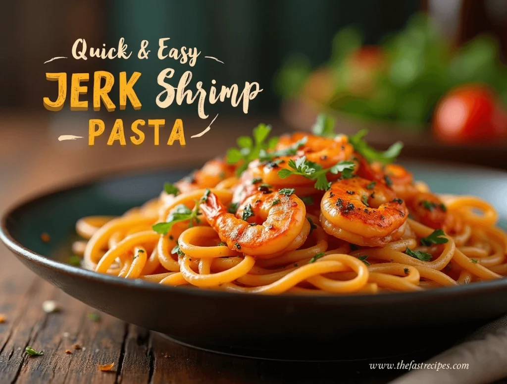 Plated Jerk Shrimp Pasta with Creamy Sauce and Fresh Herbs