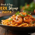 Plated Jerk Shrimp Pasta with Creamy Sauce and Fresh Herbs