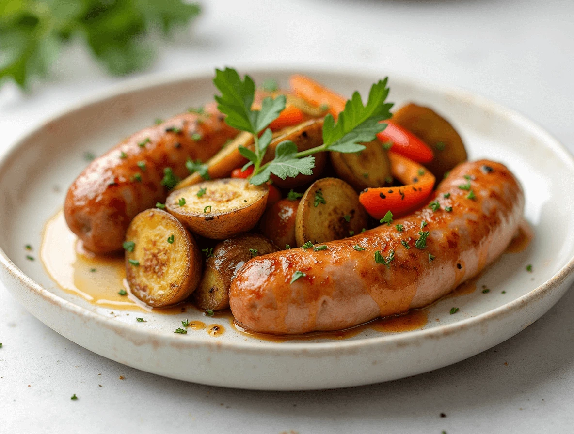 Cozy Autumn Dinner Served with Fresh Herbs Plated Maple Dijon Sausage and Veggies Dinner